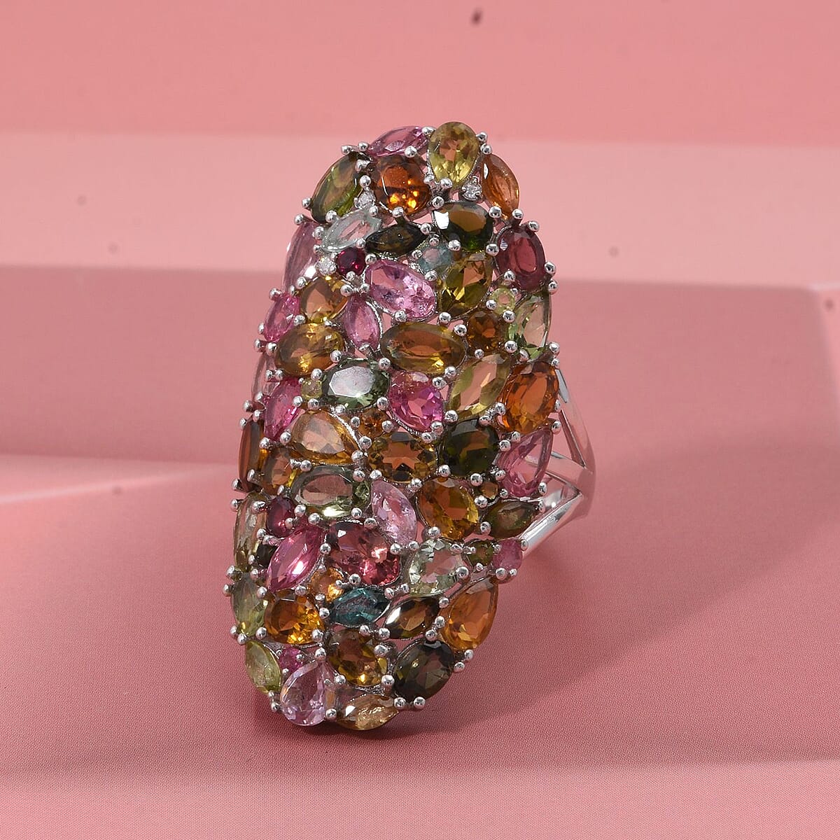 D'Joy Multi-Tourmaline and Moissanite 8.00 ctw Crown of Colors Ring in Rhodium Over Sterling Silver (Size 9.0) image number 1