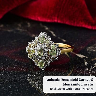 D'Joy Premium Ambanja Demantoid Garnet and Moissanite 2.10 ctw Verdant Empress Ring in 18K Vermeil Yellow Gold Over Sterling Silver (Size 5.0)