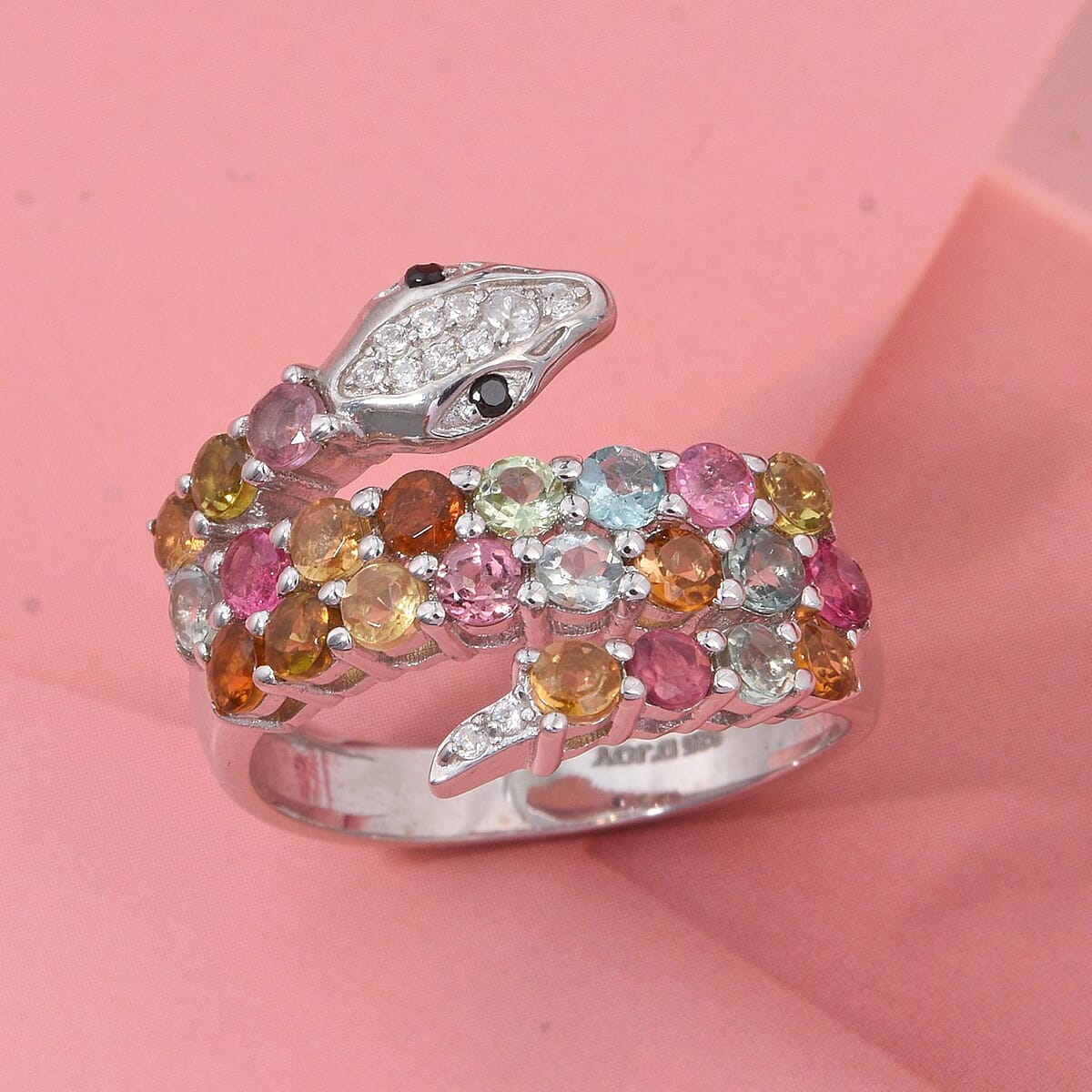 D'Joy Multi-Tourmaline and Multi Gemstone 1.85 ctw Snake Ring in Rhodium Over Sterling Silver (Size 10.0) image number 1