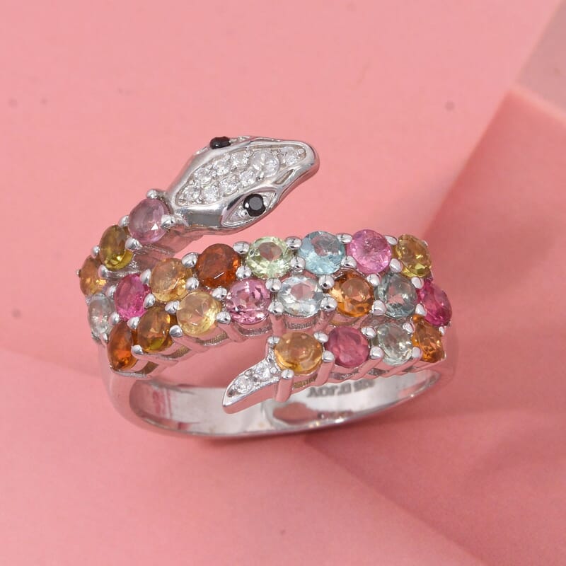 D'Joy Multi-Tourmaline and Multi Gemstone 1.85 ctw Snake Ring in Rhodium Over Sterling Silver (Size 10.0)