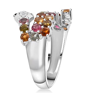 D'Joy Multi-Tourmaline and Multi Gemstone 1.85 ctw Snake Ring in Rhodium Over Sterling Silver (Size 10.0)