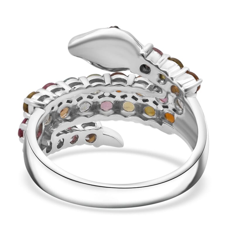 D'Joy Multi-Tourmaline and Multi Gemstone 1.85 ctw Snake Ring in Rhodium Over Sterling Silver (Size 10.0)