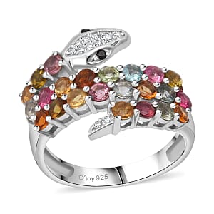 D'Joy Multi-Tourmaline and Multi Gemstone 1.85 ctw Snake Ring in Rhodium Over Sterling Silver (Size 9.0)