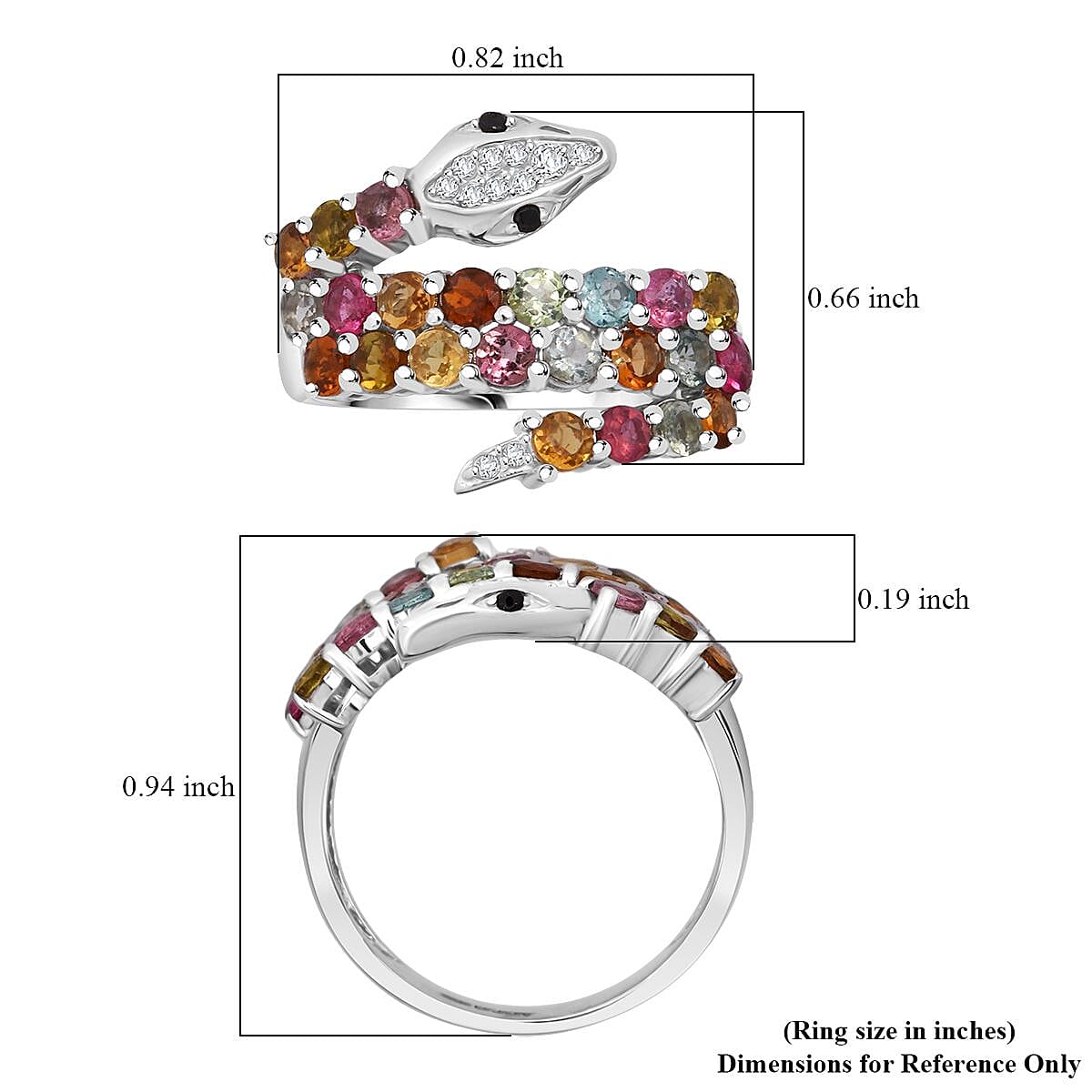 D'Joy Multi-Tourmaline and Multi Gemstone 1.85 ctw Snake Ring in Rhodium Over Sterling Silver (Size 9.0) image number 5