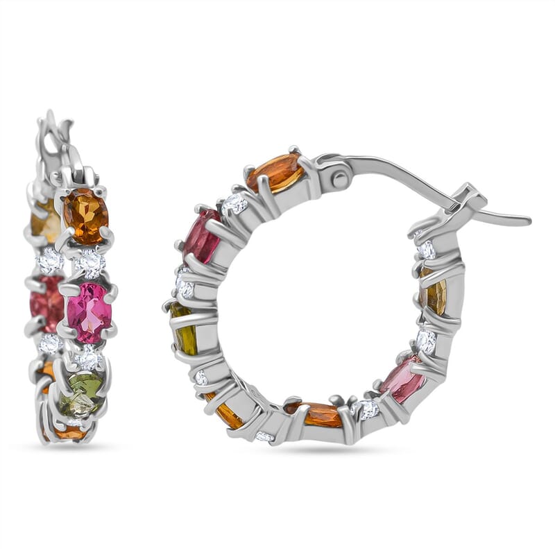 D'Joy Multi-Tourmaline and Moissanite 3.00 ctw Hoop Earrings in Rhodium Over Sterling Silver