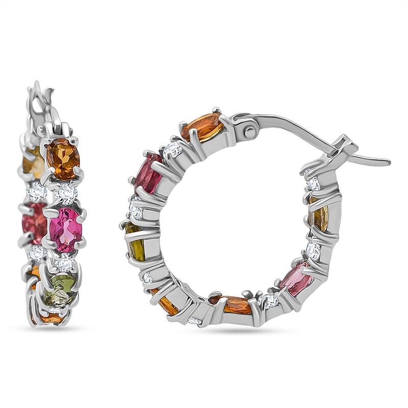 D'Joy Multi-Tourmaline and Moissanite 3.00 ctw Hoop Earrings in Rhodium Over Sterling Silver