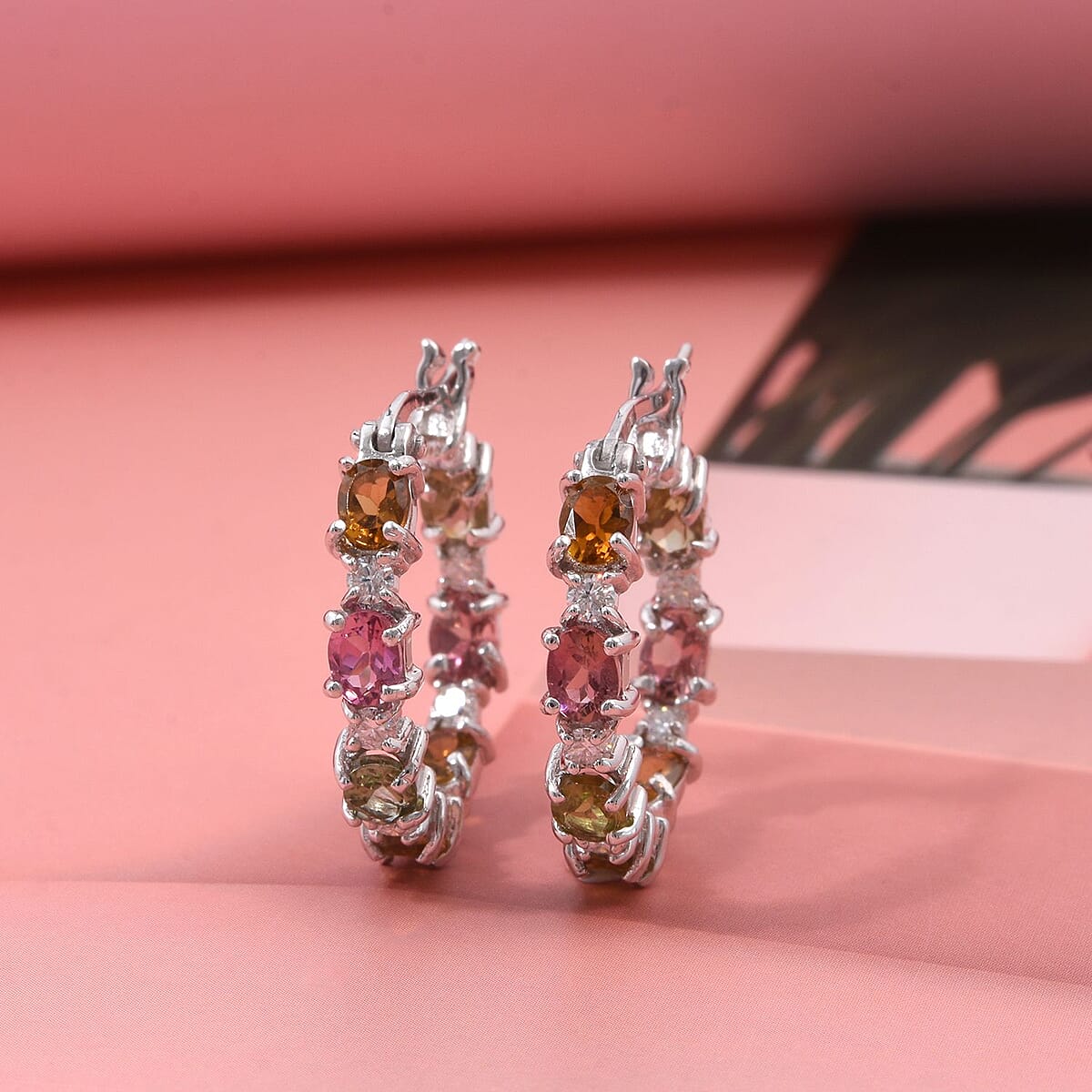 D'Joy Multi-Tourmaline and Moissanite 3.00 ctw Earrings in Rhodium Over Sterling Silver image number 1
