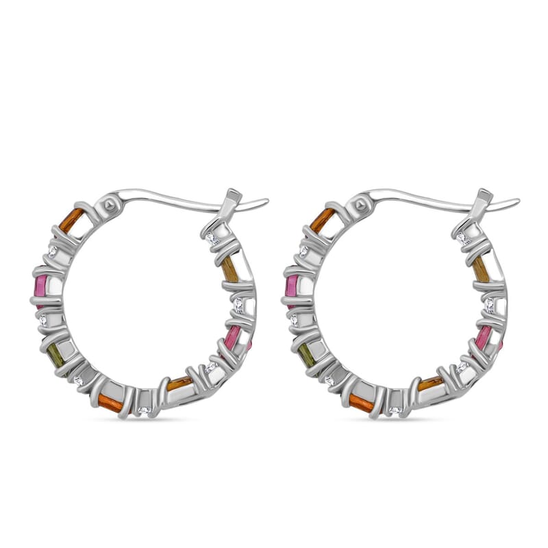 D'Joy Multi-Tourmaline and Moissanite 3.00 ctw Hoop Earrings in Rhodium Over Sterling Silver