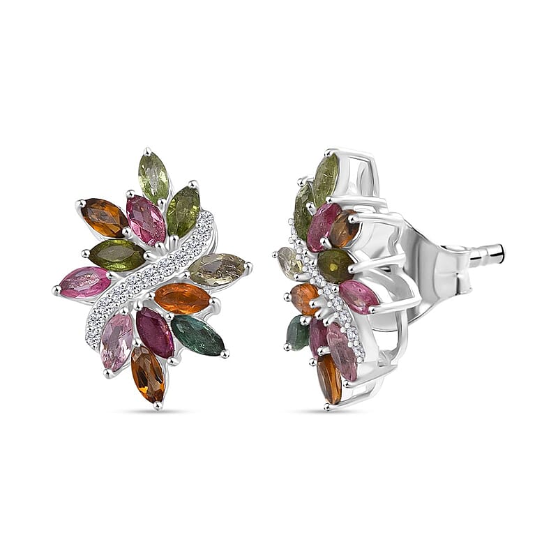 D'Joy Multi-Tourmaline and White Zircon 2.00 ctw Autumn Leaf Earrings in Rhodium Over Sterling Silver