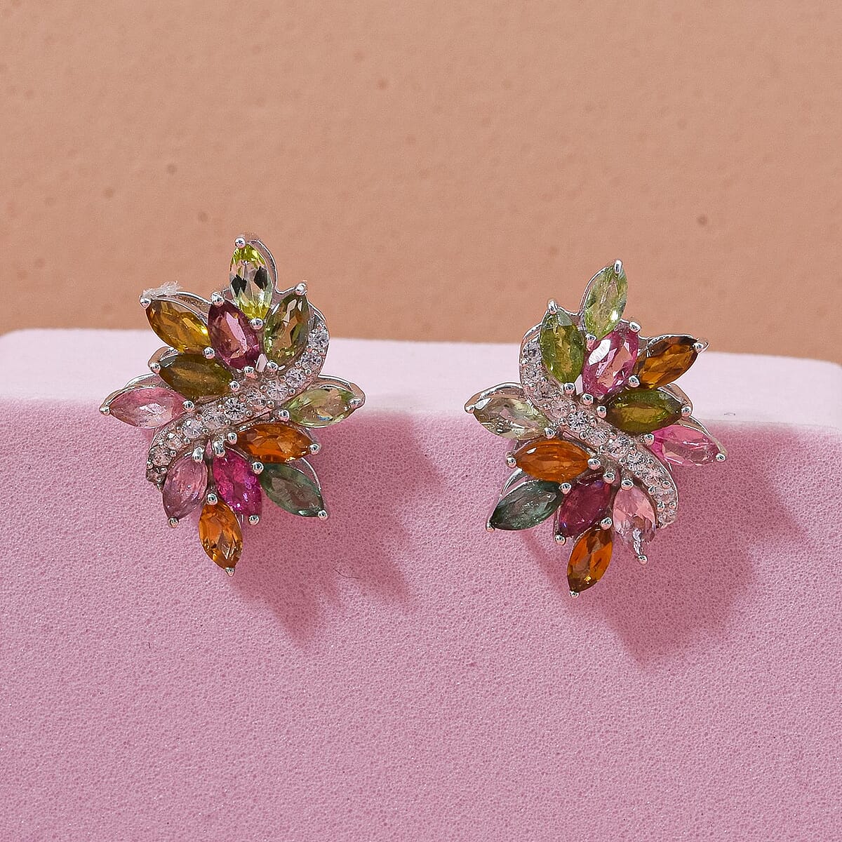 D'Joy Multi-Tourmaline and White Zircon 2.00 ctw Stud Earrings in Rhodium Over Sterling Silver image number 1