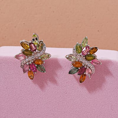D'Joy Multi-Tourmaline and White Zircon 2.00 ctw Autumn Leaf Earrings in Rhodium Over Sterling Silver