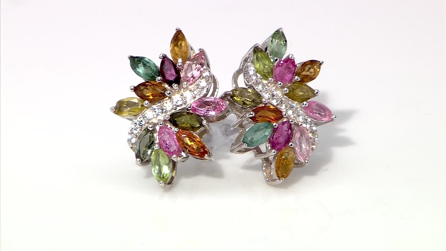 D'Joy Multi-Tourmaline and White Zircon 2.00 ctw Autumn Leaf Earrings in Rhodium Over Sterling Silver