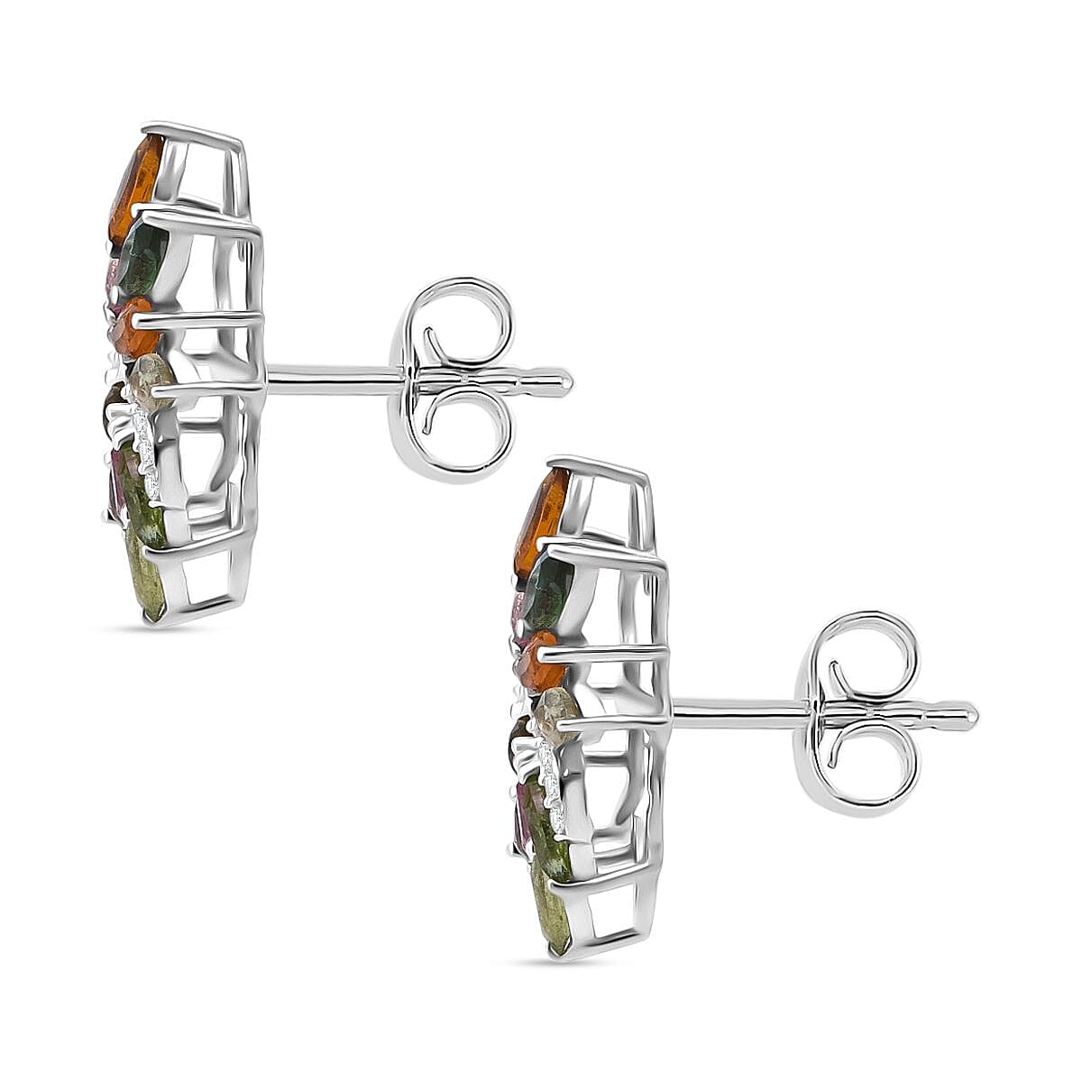 D'Joy Multi-Tourmaline and White Zircon 2.00 ctw Stud Earrings in Rhodium Over Sterling Silver image number 3
