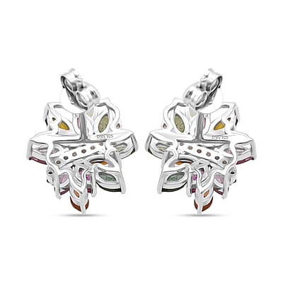 D'Joy Multi-Tourmaline and White Zircon 2.00 ctw Autumn Leaf Earrings in Rhodium Over Sterling Silver