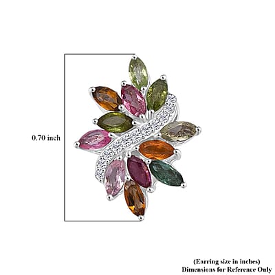 D'Joy Multi-Tourmaline and White Zircon 2.00 ctw Autumn Leaf Earrings in Rhodium Over Sterling Silver
