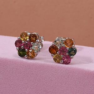 D'Joy Multi-Tourmaline 1.00 ctw Stud Earrings in Rhodium Over Sterling Silver