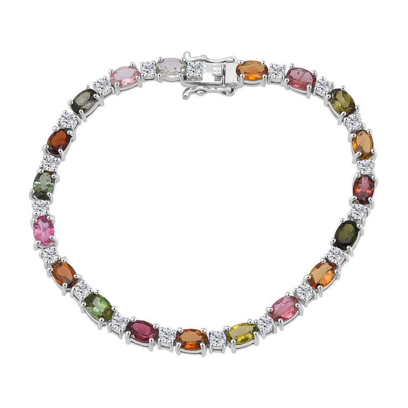 D'Joy Premium Multi-Tourmaline and Moissanite 9.15 ctw Bracelet in Rhodium Over Sterling Silver (6.50 In)