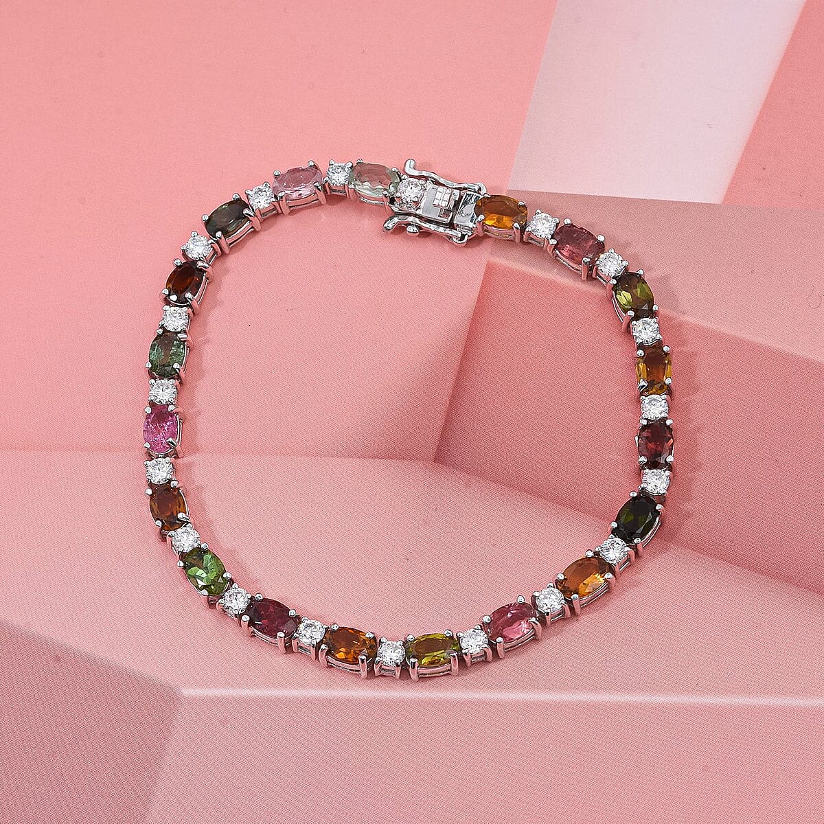 D'Joy Premium Multi-Tourmaline and Moissanite 9.15 ctw Bracelet in Rhodium Over Sterling Silver (6.50 In) image number 1
