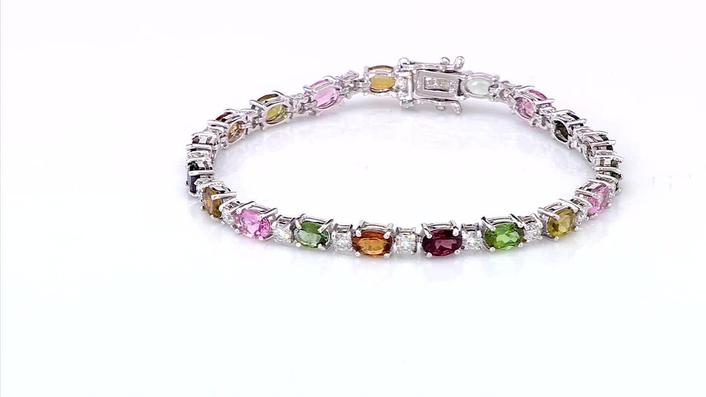 D'Joy Premium Multi-Tourmaline and Moissanite 9.15 ctw Bracelet in Rhodium Over Sterling Silver (6.50 In)