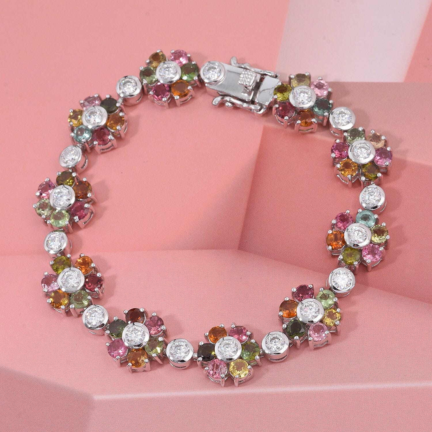 D'Joy Premium Multi-Tourmaline and Moissanite 13.25 ctw Bracelet in Rhodium Over Sterling Silver (6.50 In)