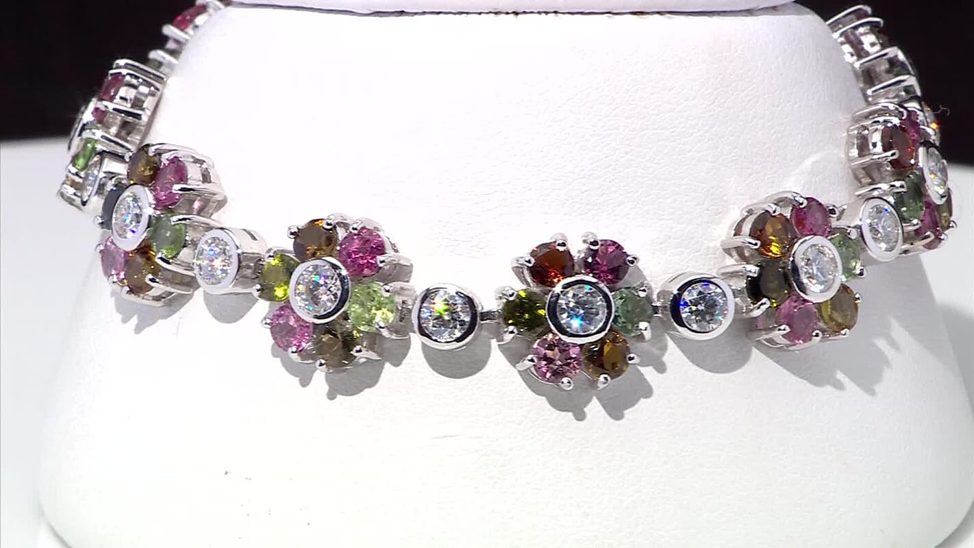 D'Joy Premium Multi-Tourmaline and Moissanite 13.25 ctw Bracelet in Rhodium Over Sterling Silver (6.50 In)