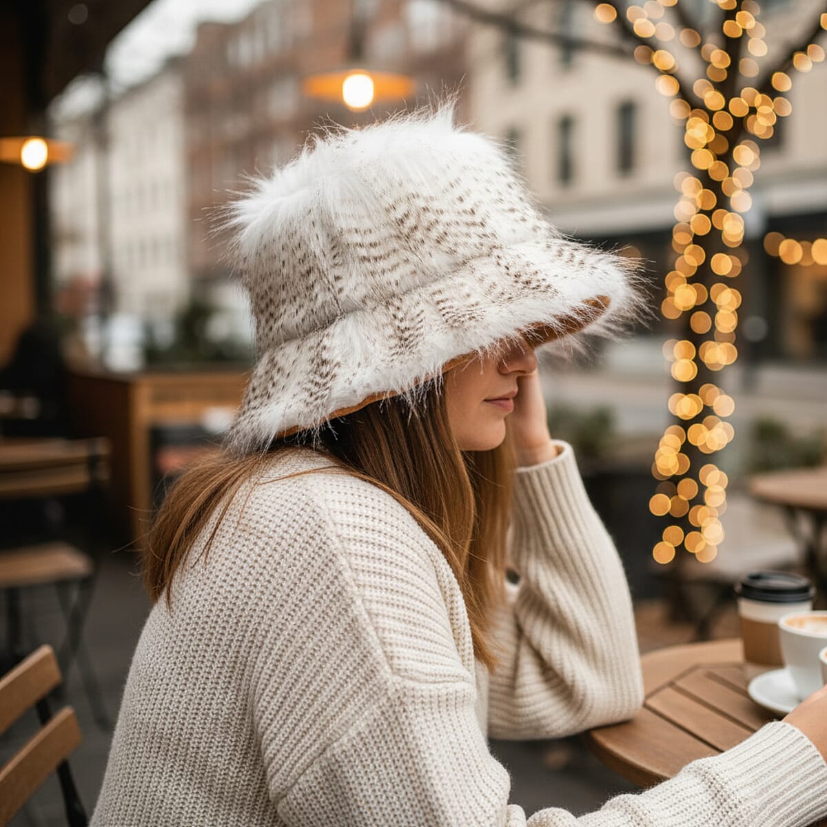 Tamsy Beige Faux Fur Bucket Hat  image number 2
