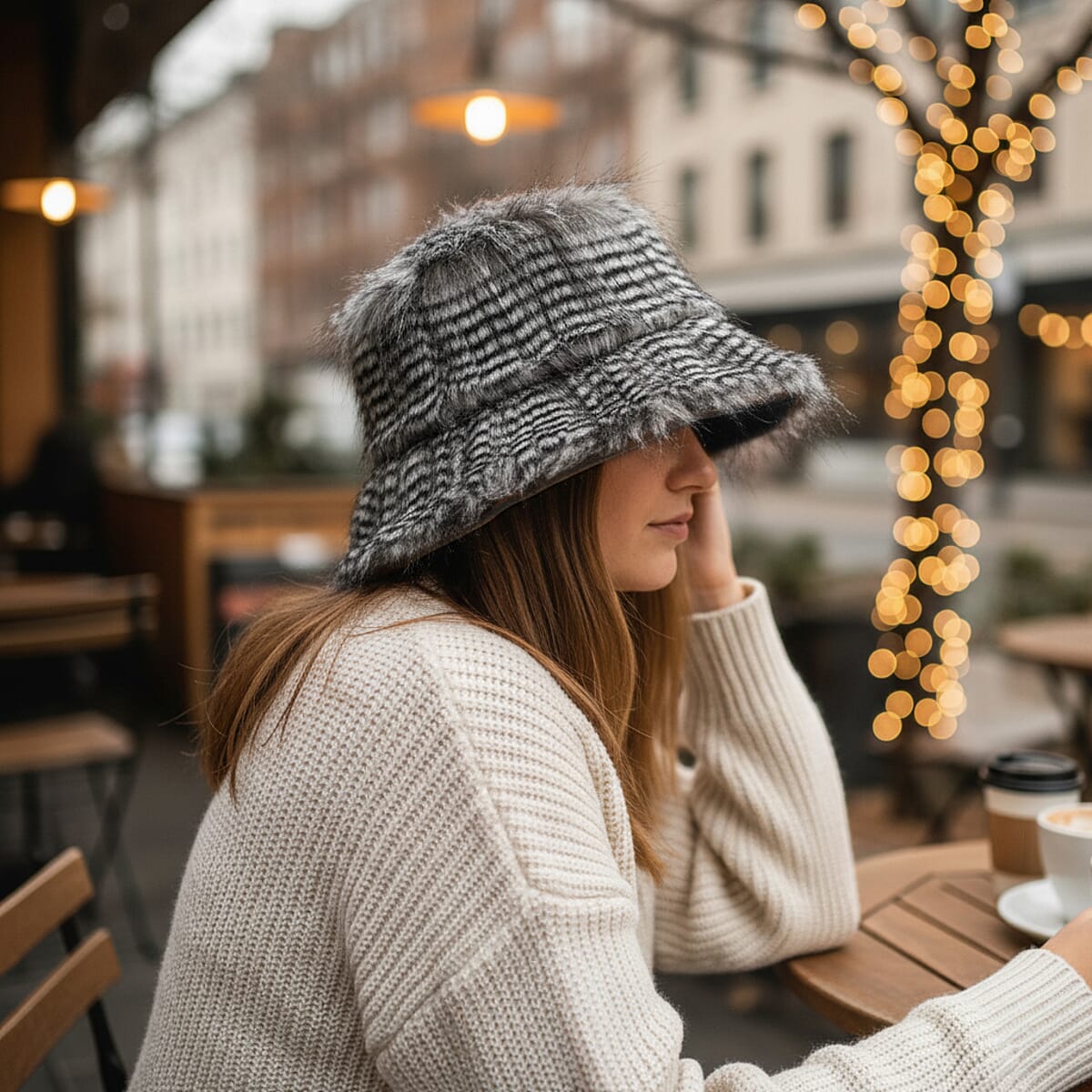 Tamsy Black Faux Fur Bucket Hat  image number 1