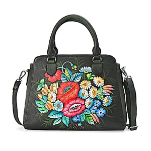 La Marey Black Flower Hand Painted Genuine Leather Tote Bag with Shoulder Strap