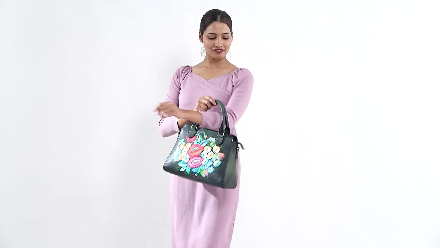 La Marey Black Flower Hand Painted Genuine Leather Tote Bag with Shoulder Strap (12.59"x9.84"x5.90")