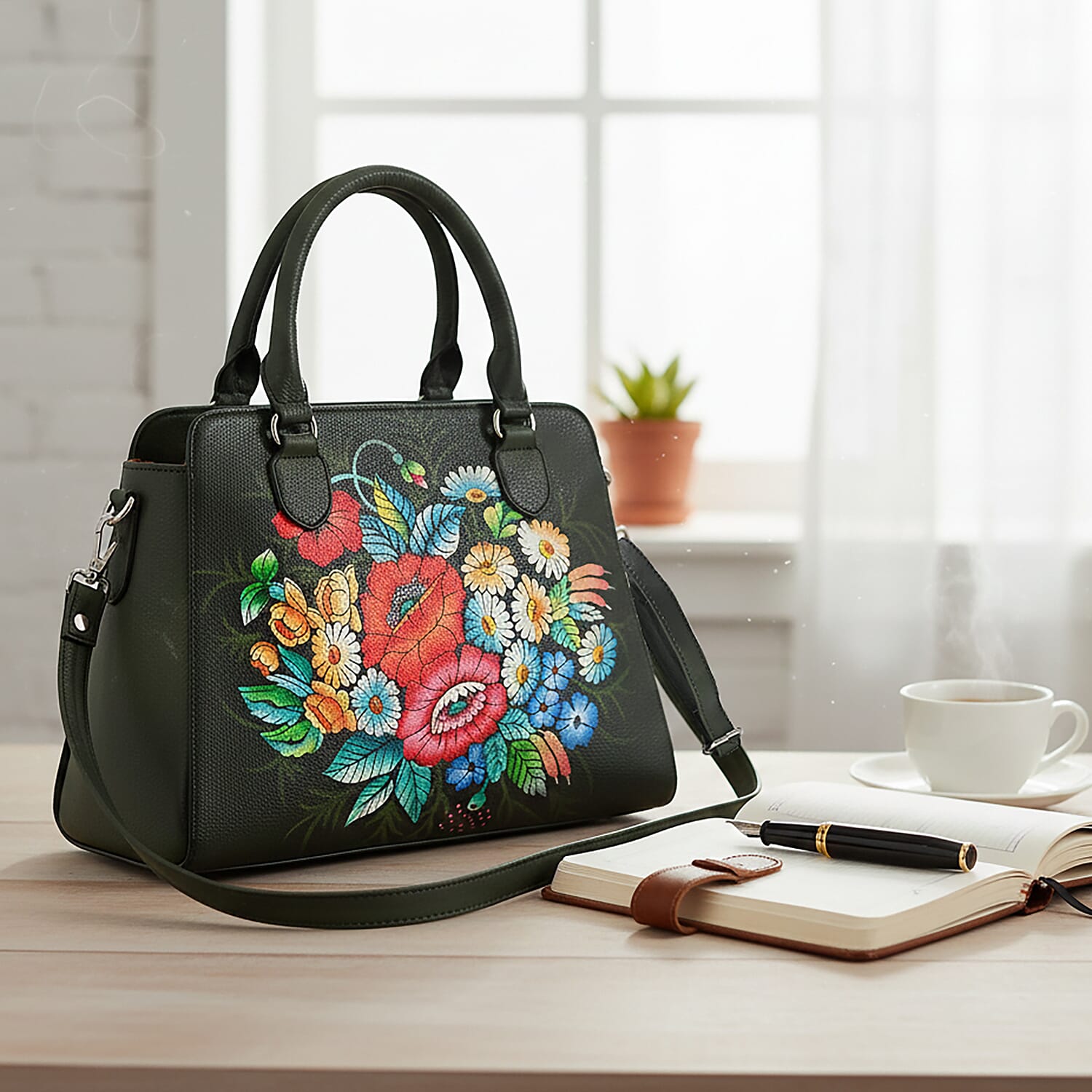 La Marey Black Flower Hand Painted Genuine Leather Tote Bag with Shoulder Strap
