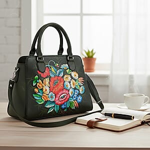 La Marey Black Flower Hand Painted Genuine Leather Tote Bag with Shoulder Strap