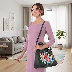 La Marey Black Flower Hand Painted Genuine Leather Tote Bag with Shoulder Strap