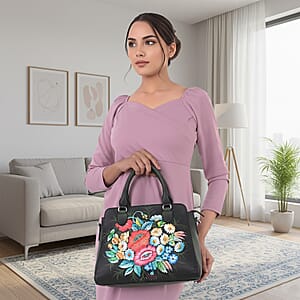 La Marey Black Flower Hand Painted Genuine Leather Tote Bag with Shoulder Strap