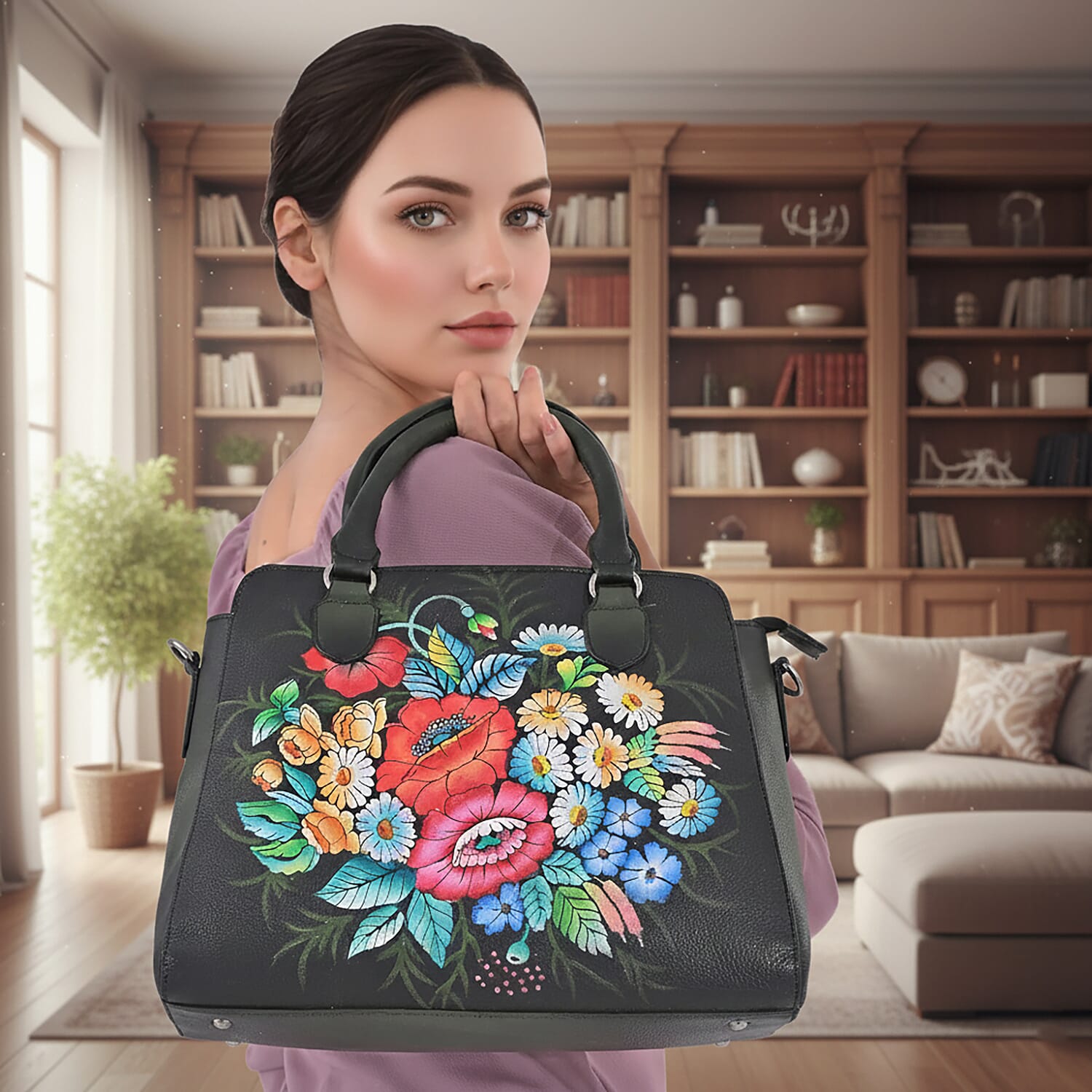 La Marey Black Flower Hand Painted Genuine Leather Tote Bag with Shoulder Strap
