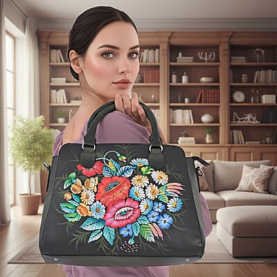 La Marey Black Flower Hand Painted Genuine Leather Tote Bag with Shoulder Strap