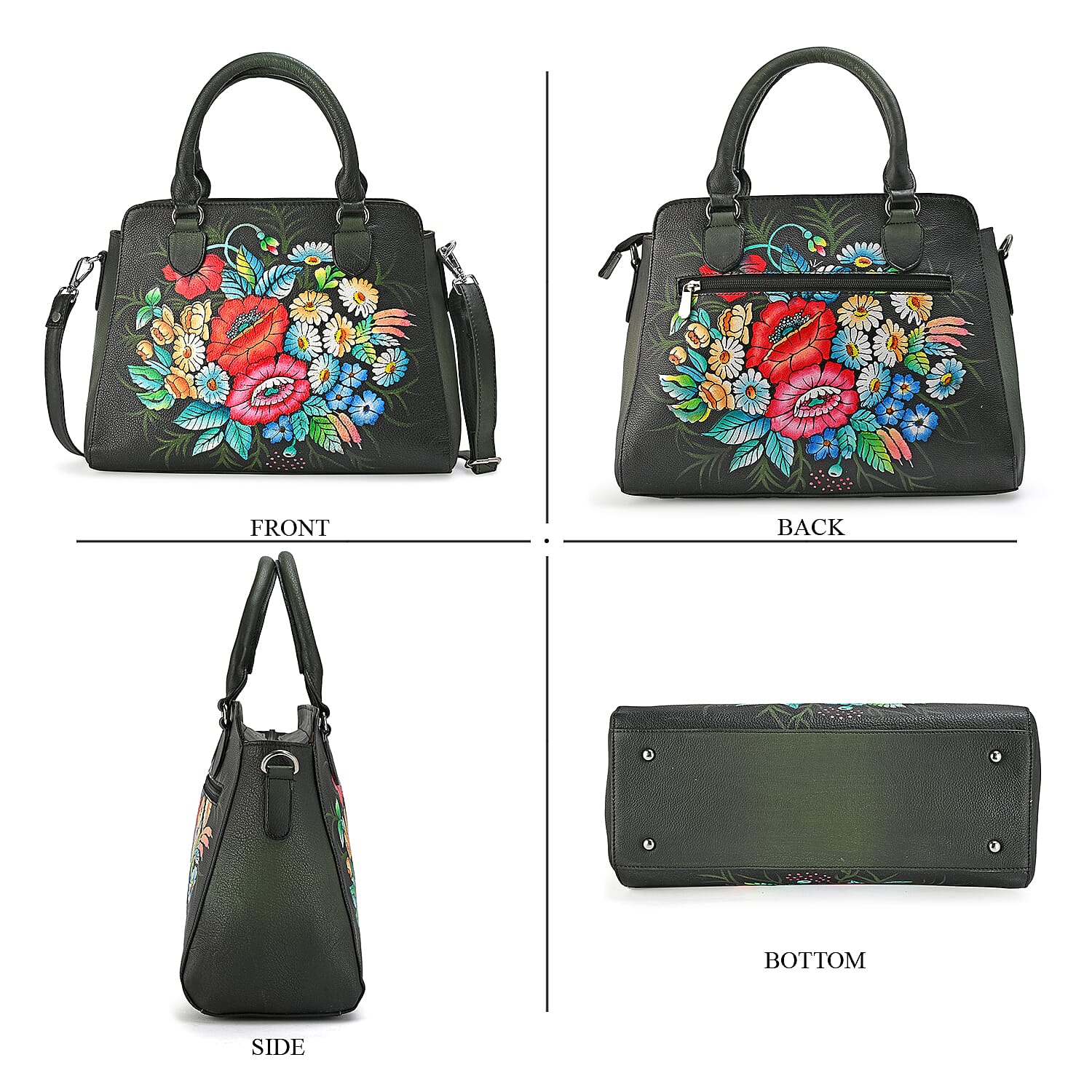 La Marey Black Flower Hand Painted Genuine Leather Tote Bag with Shoulder Strap
