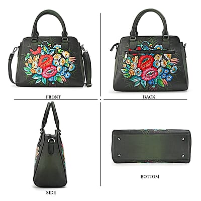La Marey Black Flower Hand Painted Genuine Leather Tote Bag with Shoulder Strap