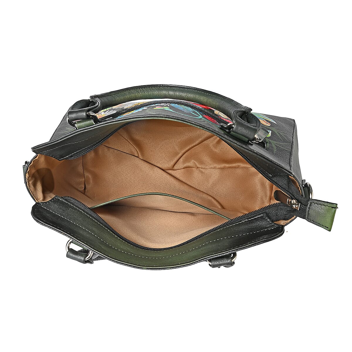 La Marey Black Flower Hand Painted Genuine Leather Tote Bag with Shoulder Strap (12.59"x9.84"x5.90") image number 6