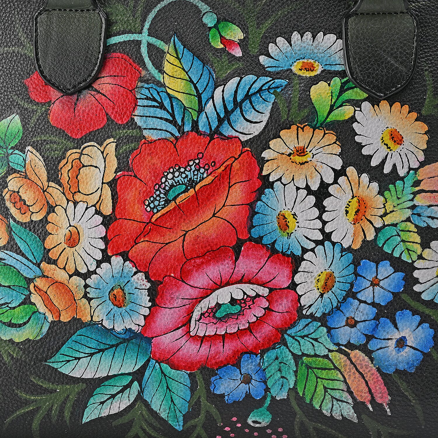La Marey Black Flower Hand Painted Genuine Leather Tote Bag with Shoulder Strap