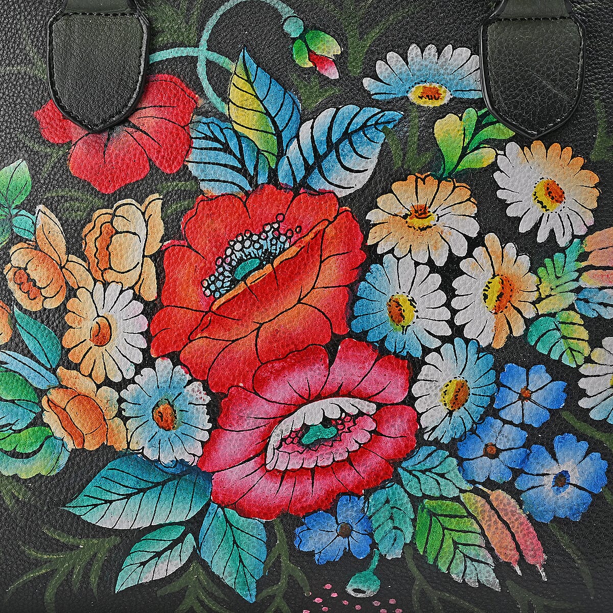 La Marey Black Flower Hand Painted Genuine Leather Tote Bag with Shoulder Strap (12.59"x9.84"x5.90") image number 7