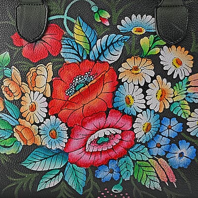 La Marey Black Flower Hand Painted Genuine Leather Tote Bag with Shoulder Strap