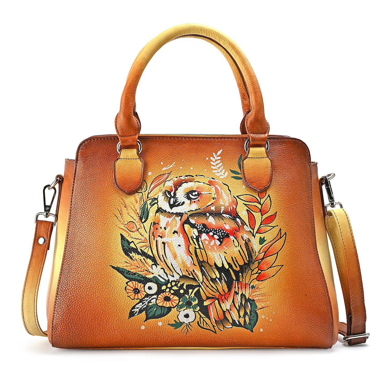 La Marey Black Flower Hand Painted Genuine Leather Tote Bag with Shoulder Strap (12.59"x9.84"x5.90")