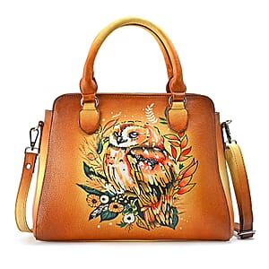 La Marey Tan Owl Hand Painted Genuine Leather Hand Tote Bag with Shoulder Strap