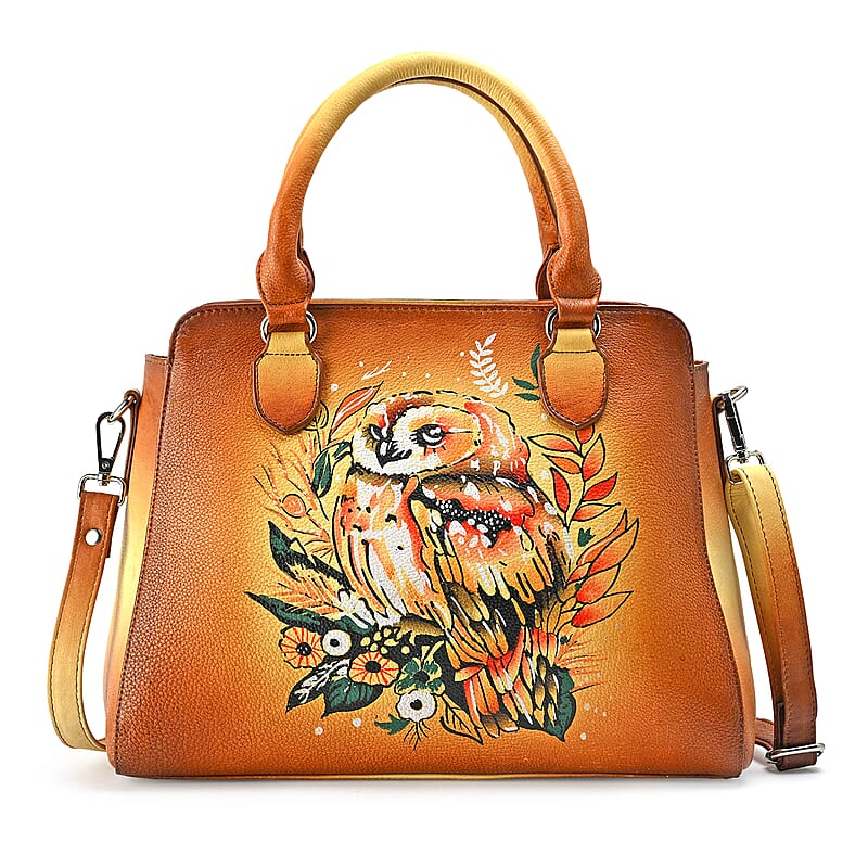 La Marey Tan Owl Hand Painted Genuine Leather Hand Tote Bag with Shoulder Strap