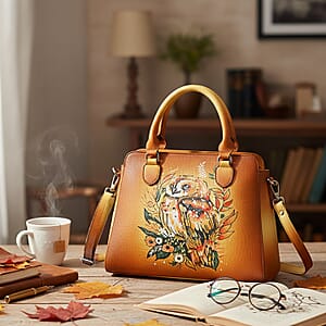 La Marey Tan Owl Hand Painted Genuine Leather Hand Tote Bag with Shoulder Strap