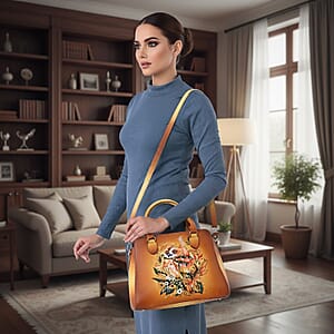 La Marey Tan Owl Hand Painted Genuine Leather Hand Tote Bag with Shoulder Strap