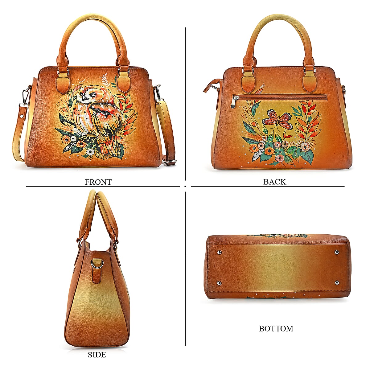 La Marey Tan Owl Hand Painted Genuine Leather Hand Tote Bag with Shoulder Strap image number 5