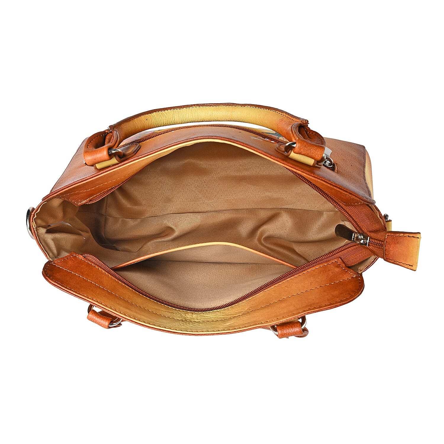 La Marey Tan Owl Hand Painted Genuine Leather Hand Tote Bag with Shoulder Strap