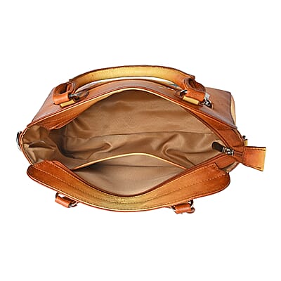 La Marey Tan Owl Hand Painted Genuine Leather Hand Tote Bag with Shoulder Strap