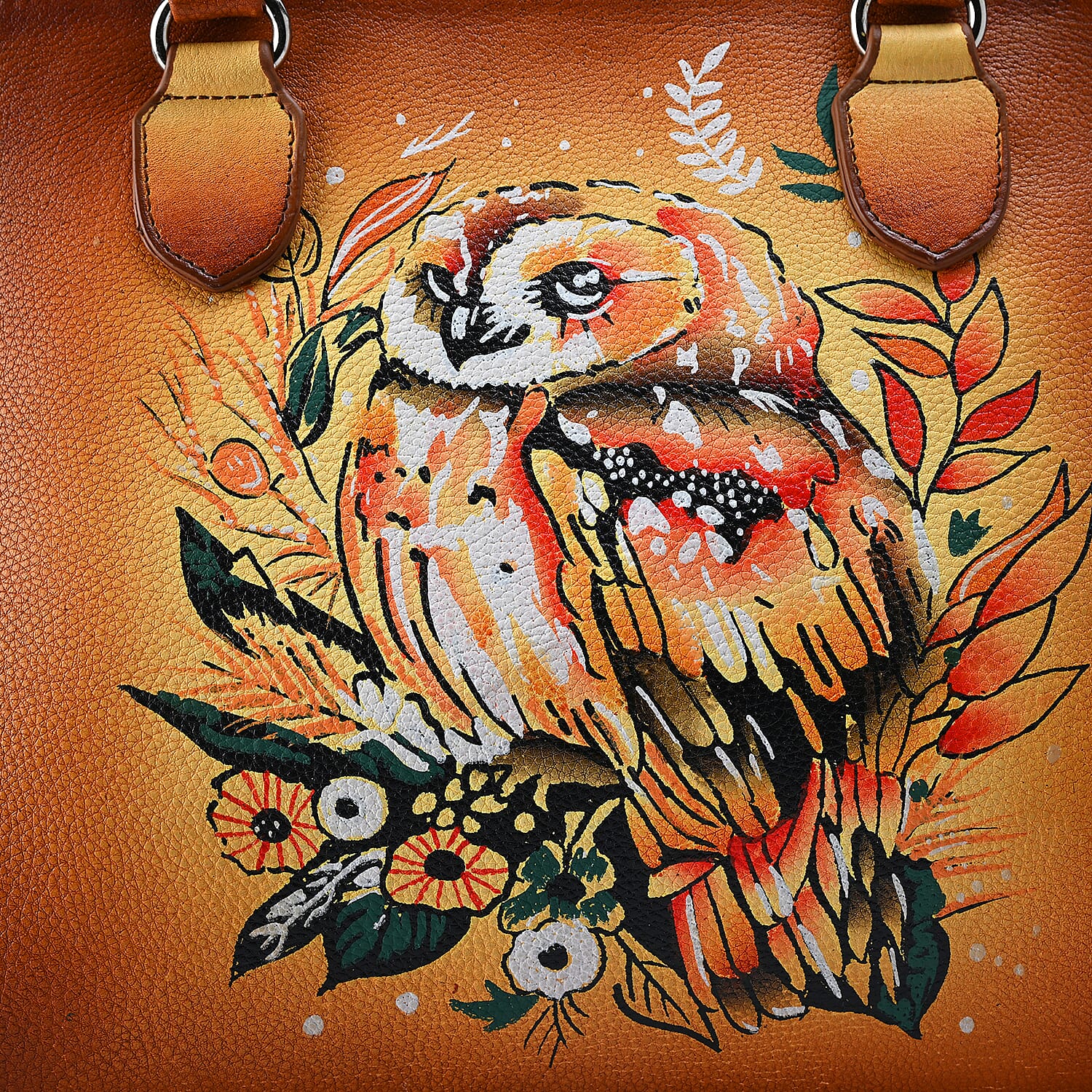 La Marey Tan Owl Hand Painted Genuine Leather Hand Tote Bag with Shoulder Strap